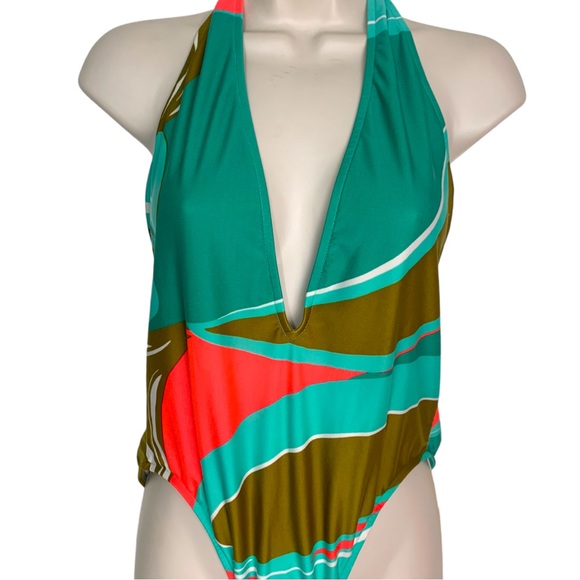 TIBI Deep V low cut halter 1 pc swimsuit in retro print sz LG NEW - Picture 5 of 12